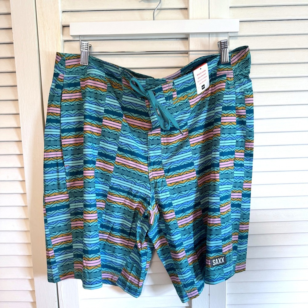 Saxx Board Shorts Betawave 2N1 BallPark Pouch 36 Teal Blue Mens Swim Trunks